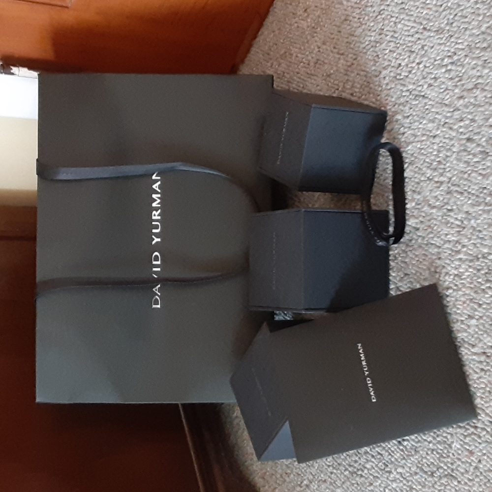 David Yurman packaging- lg gift bag, ribbon, 3 jewelry boxes, dust cloth, card